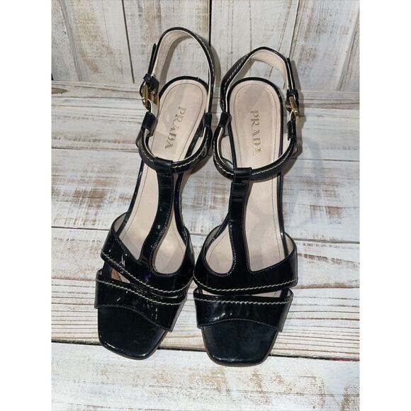 Prada Black Patent Leather Strappy Wedge Sandals Women's Shoe Size 40 3.5 Heel - Picture 4 of 5